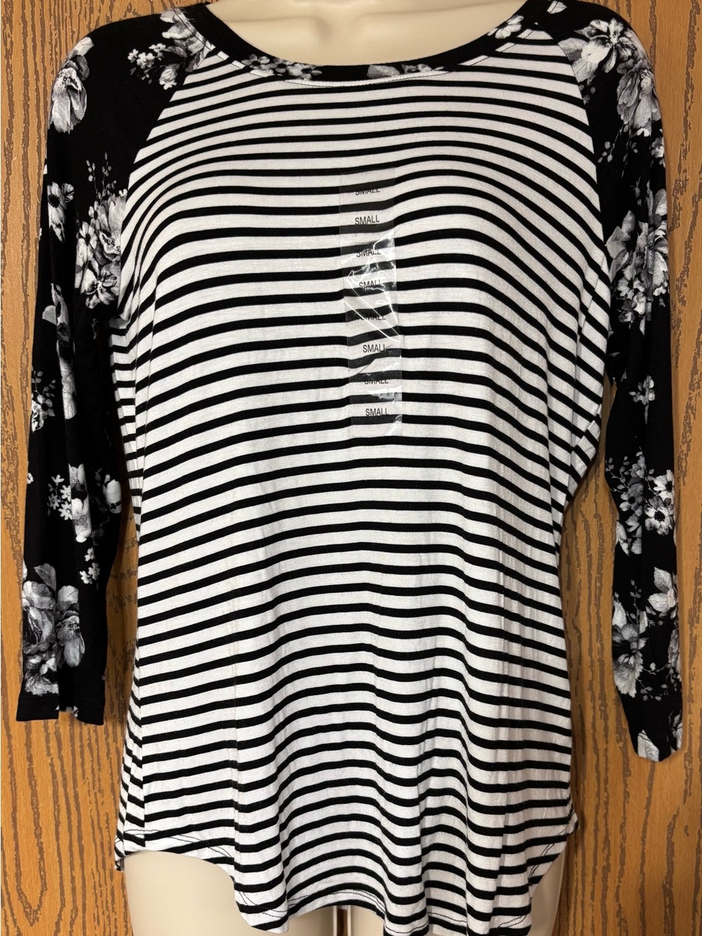 Absolutely Famous Black and White Striped Raglan Top with Floral Sleeves